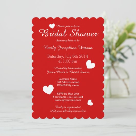Invitations nuptiales rouges et blanches de douche (Debout devant)