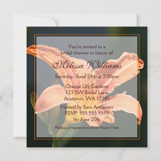 Invitations oranges de Fête de la mariée de lis (Devant)