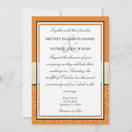 Invitations oranges de mariage de ruban de remous (Dos)