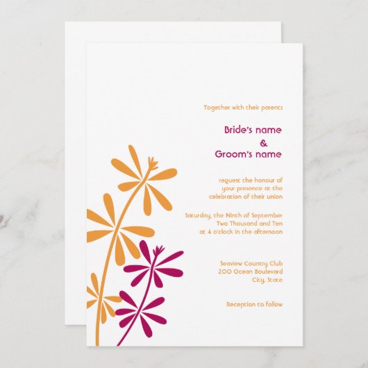 Invitations oranges et fuchsia de mariage (Devant / Derrière)