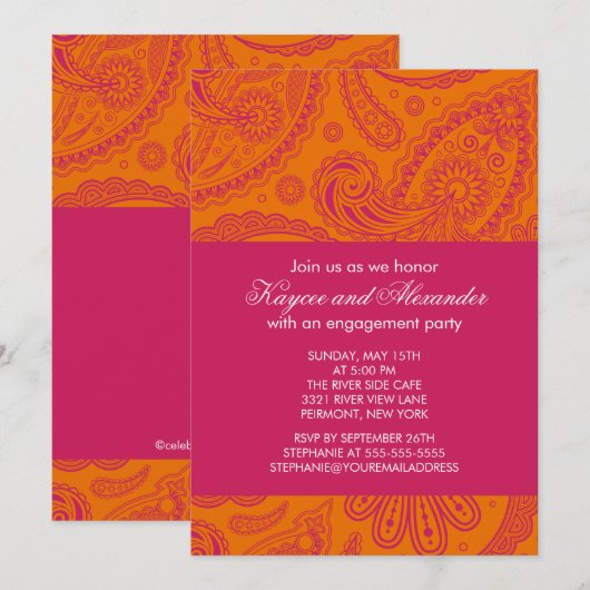 Invitations oranges roses modernes de fiançailles (Devant / Derrière)