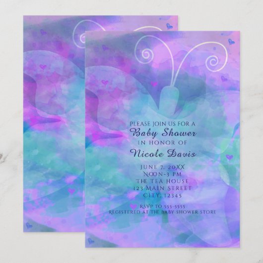 Invitations Pastel Watercolor Butterfly Party (Devant / Derrière)