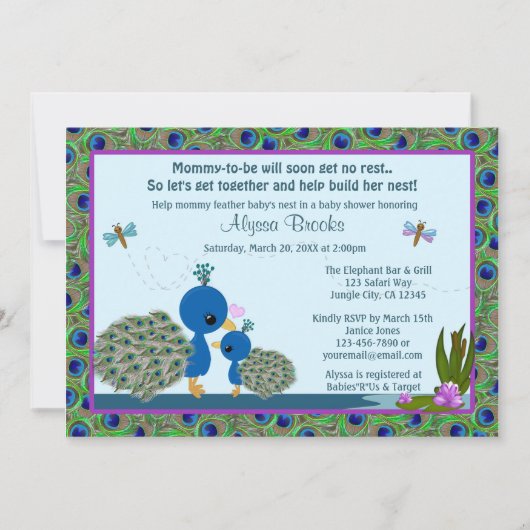 Invitations Peacock Baby Shower Girls Boys #206 (Devant)