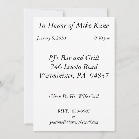 Invitations personnalisées à la fête du 40e annive (Dos)