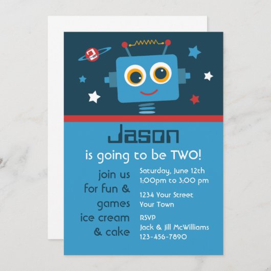 Invitations personnalisées Robot 2e anniversaire (Devant / Derrière)