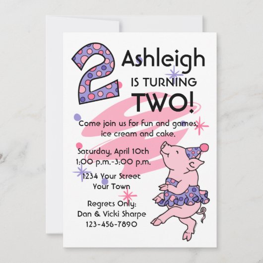 Invitations personnalisées Tutu Piggy 2e anniversa (Devant)