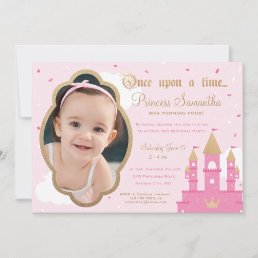 Invitations photo Princess Party | Rose & Or (Devant)