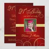 Invitations photo rouge élégantes du 21e anniversa (Devant / Derrière)