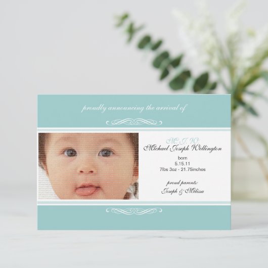 Invitations photo turquoises Faire-part bébé (Debout devant)
