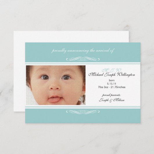 Invitations photo turquoises Faire-part bébé (Devant / Derrière)