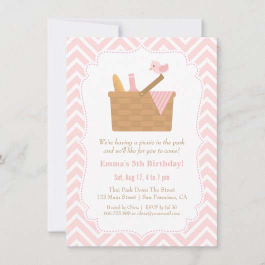 Invitations Pink Chevron Picnic Birthday Party (Devant)