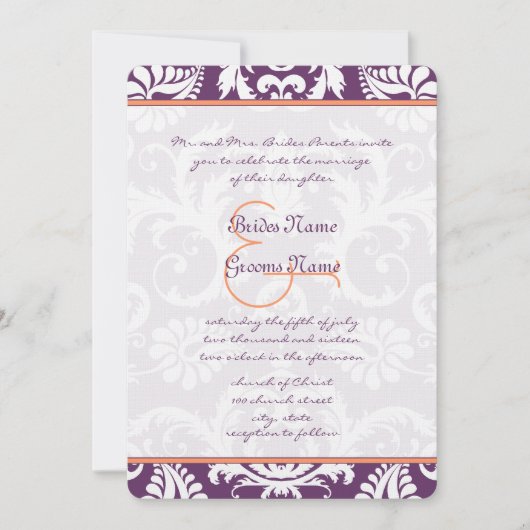Invitations Plum et Coral Mariage damassé (Devant)