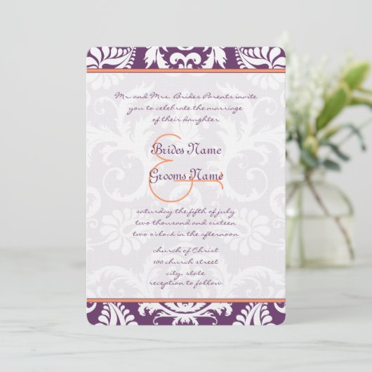 Invitations Plum et Coral Mariage damassé (Debout devant)