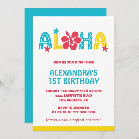 Invitations pour 1er anniversaire Tropical Aloha H (Devant / Derrière)