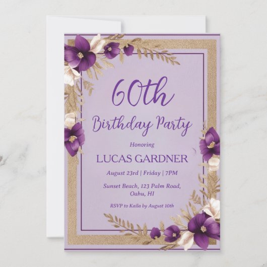 invitations pour 60e anniversaire violet et or (Devant)