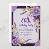 invitations pour 60e anniversaire violet et or (Devant / Derrière)