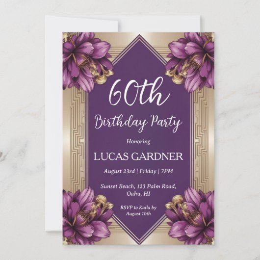 invitations pour 60e anniversaire violet et or (Devant)