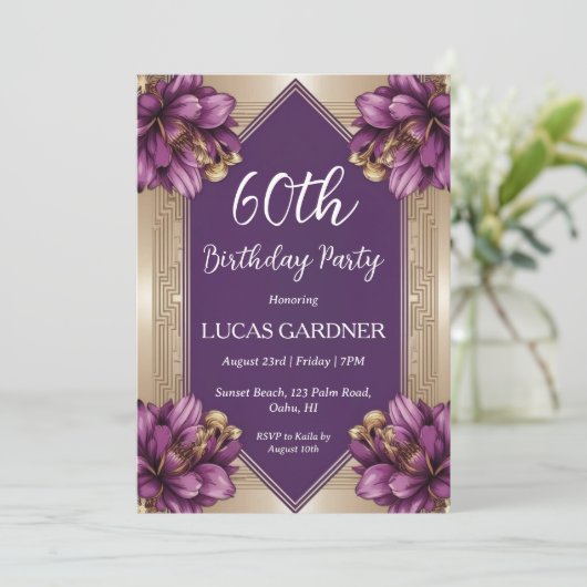invitations pour 60e anniversaire violet et or (Debout devant)