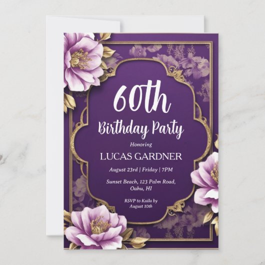 invitations pour 60e anniversaire violet et or (Devant)