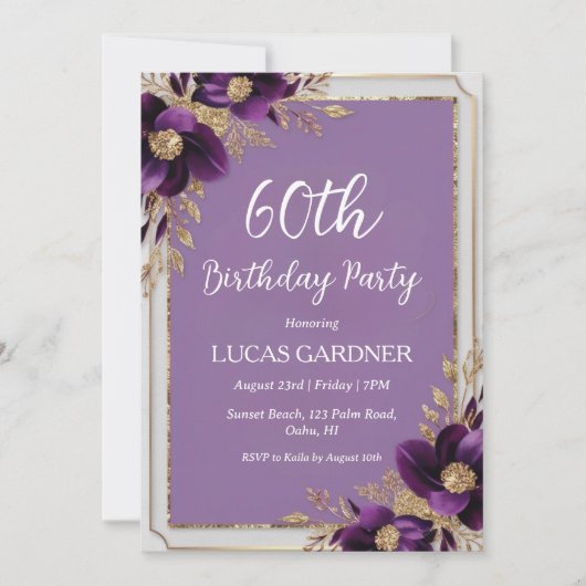 invitations pour 60e anniversaire violet et or (Devant)