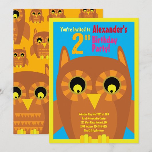 Invitations pour la fête d'anniversaire de Owl Ani (Devant / Derrière)