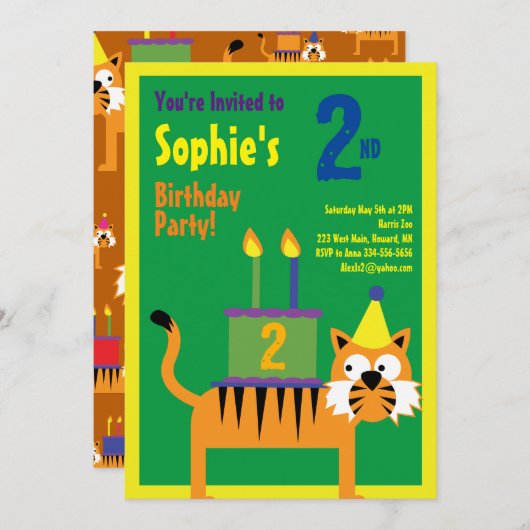 Invitations pour la fête d'anniversaire de Tiger A (Devant / Derrière)