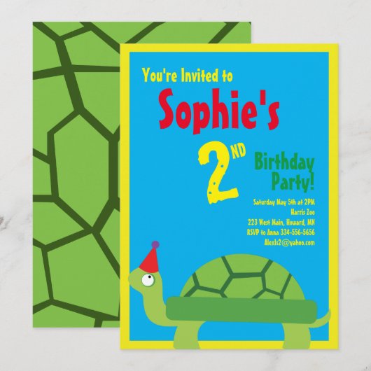 Invitations pour la fête d'anniversaire de Turtle  (Devant / Derrière)