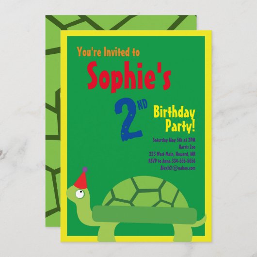 Invitations pour la fête d'anniversaire de Turtle (Devant / Derrière)