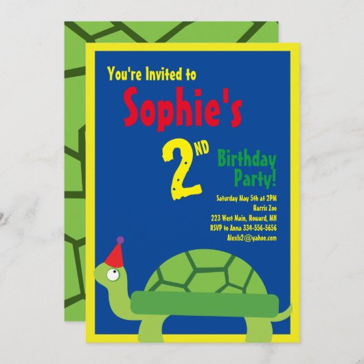 Invitations pour la fête d'anniversaire de Turtle  (Devant / Derrière)