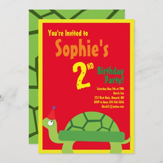 Invitations pour la fête d'anniversaire de Turtle (Devant / Derrière)