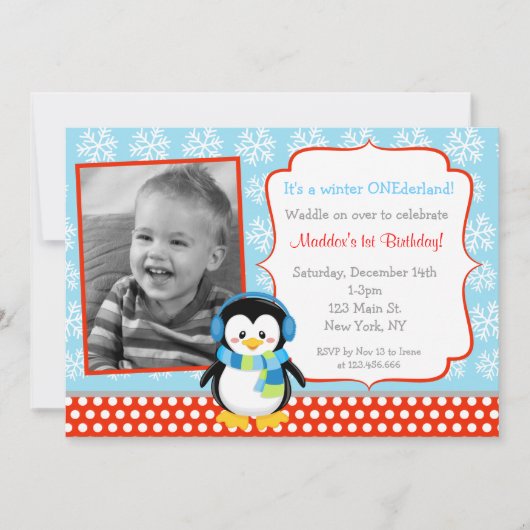 Invitations pour l'anniversaire de Boy Penguin Win (Devant)
