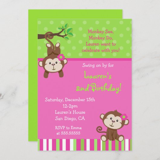 Invitations pour l'anniversaire de Mod Monkey (Devant / Derrière)