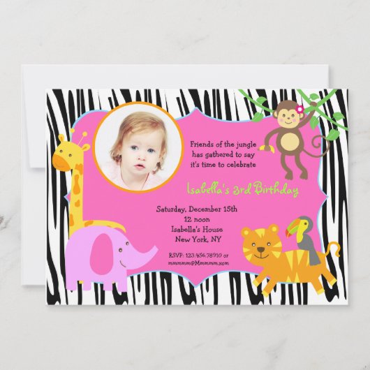 Invitations pour l'anniversaire de Zebra Jungle (Devant)