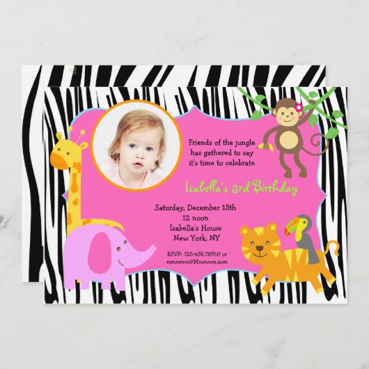 Invitations pour l'anniversaire de Zebra Jungle (Devant / Derrière)
