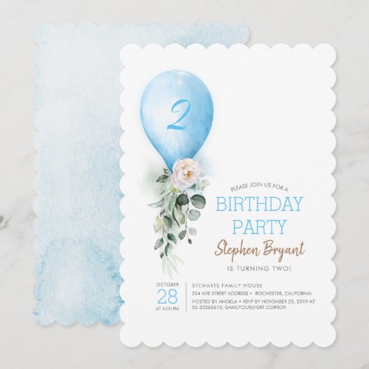 Invitations pour l'anniversaire du Ballons bleu (Devant / Derrière)