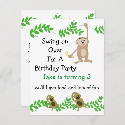 Invitations pour l'anniversaire du petit singe (Devant / Derrière)