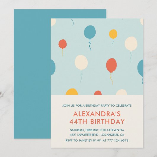 invitations pour les 44 ans Ballons Moderne (Devant / Derrière)