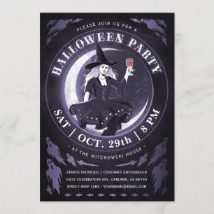 Invitations pour l'Halloween sorcière et lune Po