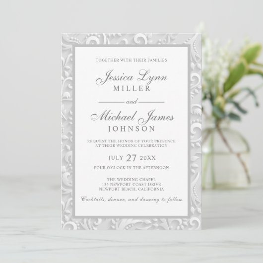 Invitations pour mariages | Design 3D blanc gris é (Debout devant)