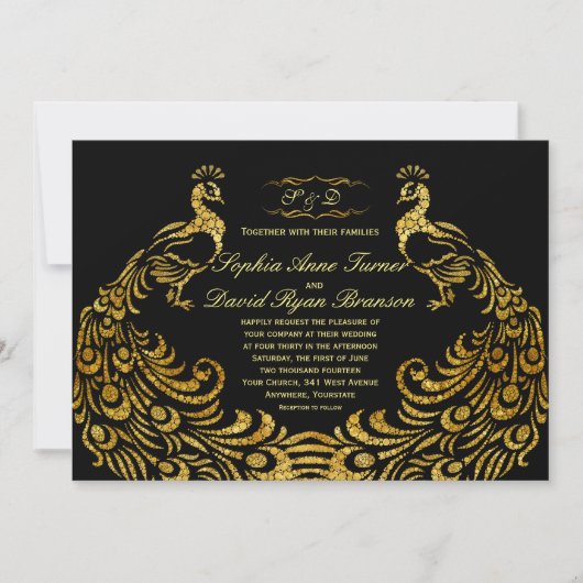 Invitations pour mariages | Gold Peacock Black (Devant)