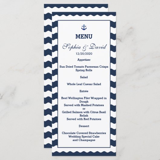 Invitations pour mariages | Menu Vagues marine (Devant / Derrière)