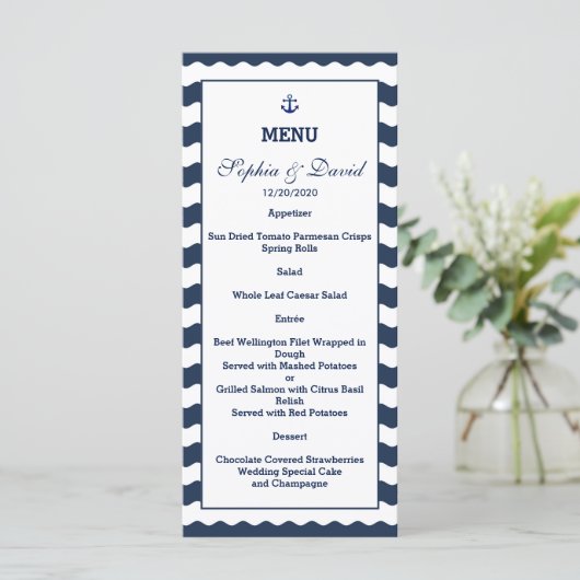 Invitations pour mariages | Menu Vagues marine (Debout devant)