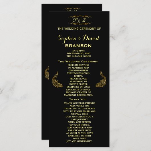 Invitations pour mariages | Programme Peacock Or P (Devant / Derrière)