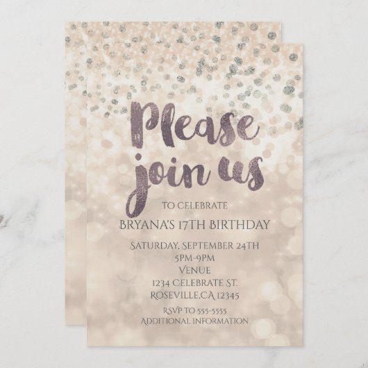 Invitations pour une fête avec confettis Glam Spar (Devant / Derrière)