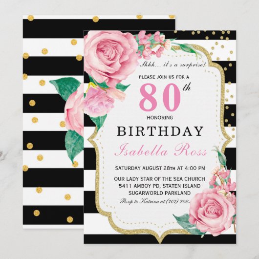 Invitations pour une fête de 80e anniversaire (Devant / Derrière)