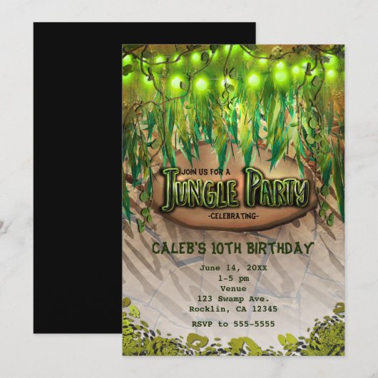 Invitations pour une FÊTE JUNGLE Feuilles & Imprim (Devant / Derrière)
