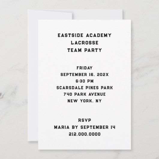 Invitations pour une soirée d'équipe de crosse (Dos)