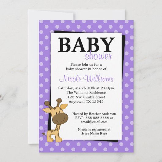Invitations pourpres de baby shower de girafe de (Devant)