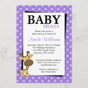 Invitations pourpres de baby shower de girafe de
