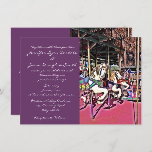 Invitations pourpres de mariage de carnaval de (Devant / Derrière)